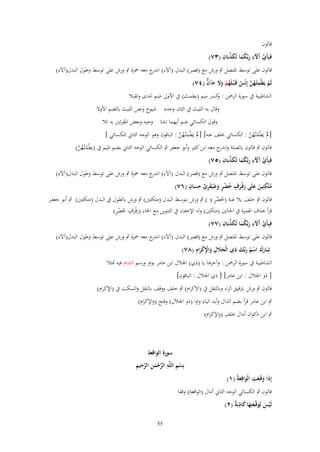 ‫قالوف‬

‫ّْ آ َ ِ ُ َ ّْ ِ‬
‫فَبِأَي َّلء ربّْكما تُكذبَاف (ٖٚ)‬
‫َ َ‬

‫قالوف على توسط اؼبتصل ٍب ورش مع (قصر) البدؿ (آآلء) ج معو ضبزة ٍب ورش على توسط وطوؿ البدؿ(آآلء)‬
‫اندر‬

‫ْ ِ ُ َّ ٌ ُ ْ َ َ َ ّّ‬
‫لَم يَيْمثْػهن إِنْس قَػ ْبػلَهم وَل جآف (ٗٚ)‬

‫الشاطبية ُب سورة الرضبن : كسر ميم (يطمث) ُب اْلوىل ضم ِتدى وتقبال‬
‫و‬
‫وقاؿ بو الليث ُب الثاف وحده شيوخ ونص الليث بالضم اْلوَل‬

‫وقوؿ الكسائي ضم أيهما تشا وجيو وبعض اؼبقرئٌن بو تال‬
‫[ملْ يَطْمثْػهن : الكسائي خبلف عنو] [ملْ يَطْمثْػهن : الباقوف وىو الوجو الثاين للكسائي ]‬
‫َ ِ ُ َّ‬
‫َ ُ ُ َّ‬
‫قالوف ٍب قالوف بالصلة و ج معو ابن كثًن وأبو جعفر ٍب الكسائي الوجو الثاين بضم اؼبيم ُب (يَطْمثْػهن)‬
‫اندر‬
‫ُ ُ َّ‬
‫ّْ آ َ ِ ُ َ ّْ ِ‬
‫فَبِأَي َّلء ربّْكما تُكذبَاف (٘ٚ)‬
‫َ َ‬
‫قالوف على توسط اؼبتصل ٍب ورش مع (قصر) البدؿ (آآلء) ج معو ضبزة ٍب ورش على توسط وطوؿ البدؿ(آآلء)‬
‫اندر‬
‫ِ‬
‫ٍ ُ ْ ٍ َ َ ِ ٍّ ِ ٍ‬
‫متَّكئِين علَى رفْػرؼ خضر وع ْبػقري حساف (ٙٚ)‬
‫َ‬
‫ُ َ َ ََ‬
‫َ‬
‫قالوف ٍب خلف بال غنة (خضر و ) ٍب ورش بتوسط البدؿ (متكئٌن) ٍب ورش بالطوؿ ُب البدؿ (متكئٌن) ٍب أبو جعفػر‬
‫ُ ٍْ َ‬
‫َ ٍ ُ ٍْ‬
‫قرأ حبذؼ اؽبمزة ُب اغبالٌن (متكٌن) ولو اإلخفاء ُب التنوين مع اػباء (رفْػرؼ خضر)‬
‫َ‬
‫ّْ آ َ ِ ُ َ ّْ ِ‬
‫فَبِأَي َّلء ربّْكما تُكذبَاف (ٚٚ)‬
‫َ َ‬
‫قالوف على توسط اؼبتصل ٍب ورش مع (قصر) البدؿ (آآلء) ج معو ضبزة ٍب ورش على توسط وطوؿ البدؿ(آآلء)‬
‫اندر‬
‫َ ِ‬
‫َ َ ِ َ ِْ ْ ِ‬
‫تَػبَارؾ اسم ربّْك ذي الْجًلؿ واَكراـ (ٛٚ)‬
‫ََ ْ ُ َ‬
‫َ‬
‫ِ‬
‫الشاطبية ُب سورة الرضبن : وآخرىا يا (ذي) اعبالؿ ابن عامر بواو ورسم الشاـ فيو سبثال‬
‫[ ذو اعبالؿ : ابن عامر] [ ذي اعبالؿ : الباقوف]‬
‫ِ‬
‫قالوف ٍب ورش برتقيق الراء وبالنقل ُب (اَلكراـ) ٍب خلف ووقف بالنقل والسكت ُب (اإلكراـ)‬
‫ٍب ابن عامر قرأ بضم الذاؿ وأبد الياء واوا (ذو اعبالؿ) وفتح (واإلكراـ)‬
‫ٍب ابن ذكواف أماؿ خبلف (واإلكراـ)‬

‫ِ‬
‫إِذَا وقَػعت الْواقِعةُ (ٔ)‬
‫َ َ َ َ‬

‫سورة الواقعة‬
‫ْ ِ ِ َّ ْ َ ِ َّ ِ ِ‬
‫بِسم اللَّه الرحمن الرحيم‬

‫قالوف ٍب الكسائي الوجو الثاين أماؿ (الواقعة) وقفا‬
‫لَيس لِوقْعتِها كاذبٌَ (ٕ)‬
‫ْ َ َ ػَ َ َ ِ ة‬
‫55‬

 