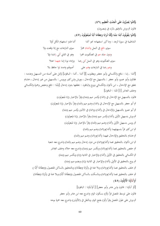 ‫ِ ِ َِ ِ‬
‫َكانُوا يُصروف علَى الْح ْنث الْعظيم (ٙٗ)‬
‫وَ‬
‫ِ ُّ َ َ‬

‫قالوف ٍب ورش بالرتقيق بالراء ُب (يصروف)‬
‫ِ‬
‫ُ َ َ ِ‬
‫َكانُوا يَػقولُوف أَئِذا م ْتػنَا َكنَّا تُػرابًا وعظَاما أَئِنَّا لَم ْبػعوثُوف (ٚٗ)‬
‫وَ‬
‫َ ُ َ‬
‫وُ َ َ ً‬
‫أئنا فذو استفهاـ الكل أوَل‬
‫الشاطبية ُب سورة الرعد : وما كرر استفهامو كبو آئذا‬
‫سوى نافع ُب النمل والشاـ ـبِب‬
‫ٌ‬
‫ودوف عناد عم ُب العنكبوت ـبِبا‬

‫سوى النازعات مع إذا وقعت وَل‬
‫وىو ُب الثاين أتى راشدا وَل‬

‫سوى العنكبوت وىو ُب النمل كن رضا وزاداه نونا إننا عنهما اعتال‬
‫وعم رضا ُب النازعات وىم على‬

‫أصوؽبم وامدد لوا حافظ بال‬

‫[أئػػذا ..إنػػا : نػػافع والكسػػائي وأبػػو جع فػػر ويعقػػوب ][ أئػػذا ..أئنػػا : البػػاقوف] كػػل علػػى أصػػلو مػػن التسػػهيل وعدمػػو :‬
‫و‬
‫فقالوف وأبو عمرو وأبو جعفر : بالتسهيل مع اإلدخاؿ ، وورش وابن كثًن ورويس : بالتسػهيل مػن غػًن إدخػاؿ ، ىشػاـ‬
‫ِ‬
‫وبقق مع اإلدخاؿ ، ابن ذكواف والكسائي وروح والباقوف : وبققها بدوف إدخاؿ [مْتنا : نافع وحفػص وضبػزة والكسػائي‬
‫وخلف العاشر ] [ مْتنا : الباقوف]‬
‫ُ‬
‫ِ‬
‫قالوف بالتسهيل مع اإلدخاؿ ُب (ائذا) كسر ميم (متنا) وقرأ باإلخبار (إنا ؼببعوثوف)‬
‫و‬
‫ٍب أبو جعفر بالتسهيل مع اإلدخاؿ ُب (ائذا) وضم ميم (متنا) وقرأ باإلخبار (إنا ؼببعوثوف)‬
‫ُ‬
‫ِ‬
‫ٍب أبو عمرو بالتسهيل واإلدخاؿ ُب (أئذا) و(ائنا) ُب اَلثنٌن كسر ميم (متنا)‬
‫و‬
‫ِ‬
‫ٍب ورش بتسهيل اْلوىل (أئذا) كسر ميم (متنا) وقرأ باإلخبار (إنا ؼببعوثوف)‬
‫و‬

‫ٍب رويس بتسهيل اْلوىل (أئذا) وضم ميم (متنا) وقرأ باإلخبار (إنا ؼببعوثوف)‬
‫ُ‬
‫ٍب ابن كثًن قرأ بتسهيلهما (أئذا)و(ائنا) وضم ميم (متنا)‬
‫ُ‬

‫ٍب ىشاـ بالتحقيق واإلدخاؿ فيهما (أئذا)و(ائنا) وضم ميم (متنا)‬
‫ُ‬

‫ٍب ابن ذكواف بالتحقيق ّٔما (أئذا)و(ائنا) من دوف إدخاؿ وضم ميم (متنا) و ج معو شعبة‬
‫ُ اندر‬
‫ٍب حفص بالتحقيق ّٔما (أئذا)و(ائنا) وبكسر ميم (متنا) و ج معو خالد وخلف العاشر‬
‫ِ اندر‬

‫ِ‬
‫ٍب الكسائي بالتحقيق ُب اْلوىل (أئذا) واإلخبار ُب الثانية (إنا) وبكسر ميم (متنا)‬
‫ِ‬
‫ٍب روح بالتحقيق ُب اْلوىل (أئذا) واإلخبار ُب الثانية (إنا) وبضم ميم (متنا)‬

‫ِ‬
‫ِ‬
‫ٍب خلف بالتحقيق ّٔما (أئذا)و(ائنا) وبال غنة ُب (تُرابًا وعظَاما) وبالتحقيق بالساكن اؼبفصوؿ (وعظَاما أَئِنَّا )‬
‫َ ً‬
‫ػَ َ ً‬
‫ِ‬
‫ِ‬
‫ٍب خلف بالتحقيق ّٔما (أئذا)و(ائنا) وبالسكت بالساكن اؼبفصوؿ (وعظَاما أَئِنَّا) وبال غنة ُب (تُرابًا وعظَاما)‬
‫ػَ َ ً‬
‫َ ً‬
‫أَوَبَآؤنَا اَِولُوف (ٛٗ)‬
‫َآ ُ ْ َّ َ‬

‫[أو آبآؤنا : قالوف وابن عامر وأبو جعفر] [ أوآبآؤنا : الباقوف]‬
‫ْ‬
‫َ‬

‫قالوف على توسط اؼبتصل قرأ (أو) بسكوف الواو و ج معو ابن عامر وأبو جعفر‬
‫اندر‬
‫ْ‬

‫ٍب ورش على طوؿ اؼبتصل وقرأ (أو) بفتح الواو وبالنقل ُب (اْلولٌن) و ج معو ضبزة بوجو‬
‫اندر‬
‫َ‬
‫06‬

 