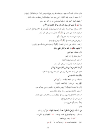 ‫قالوف بسكوف اؼبيم وأثبت الواو ُب (لرءوؼ) ثم ورش مع (ٕ) وجهي البدؿ التوسط والطوؿ (لرؤوؼ)‬
‫ٍب أبو عمرو قرأ حبذؼ الواو (لَرءُؼ) و ج معو شعبة وضبزة والكسائي ويعقوب وخلف العاشر‬
‫َ ٌ اندر‬

‫ٍب قالوف بالصلة وأثبت الواو ُب (لرءوؼ) و ج معو ابن كثًن وأبو جعفر‬
‫اندر‬
‫َ ِ ِ َ ِ ِ َ ُ َّ َ َ ِ َ ْ ْ ِ‬
‫وما لَكم أََل تُػ ْنفقوا فِي سبِيل اللَّه ولِلَّه ميراث السماوات واَِرض‬
‫َ َ ُ ْ َّ ِ ُ‬
‫ُ ْ َّ‬
‫قالوف بسكوف ميم اعبمع ٍب خلف على التحقيق ُب (لَكم أََل) وعليو ُب (اْلرض) النقل والسكت‬
‫ٍب قالوف بالصلة على القصر ُب (لَكم أََل) و ج معو ابن كثًن وأبو جعفر‬
‫ُ ْ َّ اندر‬

‫ُ ْ َّ‬
‫ٍب قالوف على التوسط بالصلة ُب (لَكم أََل)‬

‫ُ ْ َّ‬
‫ٍب ورش على طوؿ الصلة ُب (لَكم أََل) ورقق راء (مًناث)‬

‫ُ ْ َّ‬
‫ٍب خلف السكت على الساكن اؼبفصوؿ (لَكم أََل ) وعليو النقل والسكت ُب (اْلرض)‬
‫ِ‬
‫ِ ِ‬
‫َل يَستَوي م ْنكم من أَنْػفق من قَػ ْبل الْف ْتح وقَاتَل‬
‫َ ْ‬
‫ُْ َْ ََ ْ ِ َ ِ َ َ‬
‫قالوف بسكوف ميم اعبمع‬
‫ٍب ورش بالنقل ُب (من اَنْػفق)‬
‫ََ ََ‬

‫ٍب خلف بالسكت ُب (من أَنْػفق )‬
‫َْ ََ‬

‫ٍب قالوف بالصلة و ج معو ابن كثًن وأبو جعفر‬
‫اندر‬
‫ِ‬
‫ِ ِ‬
‫أُولَئِك أَعظَم درجةً من الَّذين أَنْػفقوا من بَػعد وقَاتَػلُوا‬
‫َ ْ ُ َََ َ َ َُ ْ ْ ُ َ‬
‫قالوف على توسط اؼبتصل ٍب ورش على طوؿ اؼبتصل و ج معو ضبزة‬
‫اندر‬
‫َكًل وعد اللَّهُ الْحسنَى‬
‫وُ ِّ َ َ َ‬
‫ُْ‬
‫الشاطبية ُب سورة الواقعة واغبديد : و(كل) كفى‬
‫ٌ‬

‫[ كل وعد : ابن عامر ] [ كالً وعد: الباقوف]‬
‫و‬
‫وٌ‬

‫قالوف قرأ بنصب الالـ كالً) ٍب ورش بالتقليل ُب (اغبسىن) و ج معو أبو عمرو‬
‫اندر‬
‫(و‬

‫ٍب خلف باإلمالة ُب (اغبسىن) وبال غنة ُب ( كالً وعد)‬
‫و‬
‫ٍب خالد باإلمالة ُب (اغبسىن) وبغنة ُب ( كالً وعد) ومعو الكسائي وخلف العاشر‬
‫و‬
‫ٍب ابن عامر قرأ برفع الالـ ُب كل)‬
‫(و ٌ‬

‫واللَّهُ بِما تَػعملُوف خبِير (ٓٔ)‬
‫َ َْ َ َ ٌ‬
‫َ‬
‫قالوف‬

‫ِ‬
‫َ ِ‬
‫من ذا الَّذي يُػقرض اللَّهَ قَػرضا حسنًا فَػيُضاعفهُ لَهُ ولَهُ~ أَجر كريم (ٔٔ)‬
‫ِْ ُ‬
‫َْ‬
‫ٌْ َ ِ ٌ‬
‫َ َ َ‬
‫ْ ً ََ‬
‫الشاطبية : (يُضاعفوُ) ارفع ُب اغبديد وىا ىنا ظبا شكره والعٌن ُب الكل ثقال‬
‫َ َِ‬
‫ٍ‬
‫كما دار واقصر مع مضعفة‬
‫الدرة : (يضاعفو) انصب حز ، وشدده كيف جا إذاً حم‬
‫27‬

 