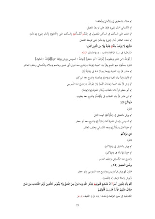 ‫ٍب خالد بالتحقيق ُب (اْلماينّ) وأماؽبما‬

‫ٍب الكسائي أماؿ (بلى) فقط على توسط اؼبتصل‬

‫ٍب خلف على السكت ُب الساكن اؼبفصوؿ ُب (فَػتَػْنتُم أَنْػفسكم) والسكت على (اْلماينّ) وأماؿ (بلى) و(جآء)‬
‫ْ ُ َُْ‬

‫ٍب خلف العاشر أماؿ (بلى) و(جآء) على توسط اؼبتصل‬
‫ِ‬
‫ِ ِ‬
‫فَالْيَػوـ َل يُػؤخذ م ْنكم فِديٌَ وَل من الَّذين كفروا‬
‫ْ َ َ ْ َ ُ ُ ْ ْ ة ََ َ َ َ َ ُ‬
‫الشاطبية ُب سورة الواقعة واغبديد : و(يؤخذ)غًن الشاـ‬

‫[ تُػؤخذ :ابن عامر ويعقوب] [تُػوخذ : أبو جعفر] [يُوخذ : السوسي وورش ووقفا ضبزة][يػُؤخذ : الباقوف]‬
‫َُْ‬
‫َُ‬
‫ْ َُ‬
‫َُْ‬

‫قالوف بسكوف ميم اعبمع وقرأ بياء الغيبة (يؤخذ) و ج معو دوري أيب عمرو وعاصم وخالد والكسائي وخلف العاشر‬
‫اندر‬
‫ٍب خلف قرأ بياء الغيبة (يؤخذ) وبال غنة ُب (فِديٌَ وَل)‬
‫ْ ة ََ‬
‫ٍب قالوف وقرأ بياء الغيبة (يؤخذ) وبالصلة و ج معو ابن كثًن‬
‫اندر‬
‫ٍب ورش قرأ بياء الغيبة وبإبداؿ اؽبمزة واوا (يُوخذ ) و ج معو السوسي‬
‫َ ُ اندر‬
‫ٍب أبو جعفر قرأ بتاء اػبطاب وأبدؿ اؽبمزة واوا (توخذ)‬

‫ٍب ابن عامر قرأ بتاء اػبطاب ُب (تُػؤخذ) و ج معو يعقوب‬
‫ْ َ ُ اندر‬

‫مأْواكم النَّار‬
‫َ َ ُُ ُ‬
‫قالوف‬

‫ٍب ورش بالتقليل ُب (مأْواكم) الوجو الثاين‬
‫َ َ ُُ‬

‫ٍب السوسي بإبداؿ اؽبمزة ألفا (ماواكم) و ج معو أبو جعفر‬
‫َ َ ُ ُ اندر‬

‫ٍب ضبزة أماؿ (مأْواكم) ومعو الكسائي وخلف العاشر‬
‫َ َ ُُ‬
‫ِ‬
‫هي موَلكم‬
‫َ ََْ ُ ْ‬
‫قالوف‬
‫ٍب ورش بالتقليل ُب (موَلكم)‬
‫ٍب ضبزة باإلمالة ُب (موَلكم)‬

‫و ج معو الكسائي وخلف العاشر‬
‫اندر‬
‫ِ‬
‫وبِْئس الْمصير (٘ٔ)‬
‫َ َ َ ُ‬
‫قالوف ثم ورش قرأ (وبيس) و ج معو السوسي وأبو جعفر‬
‫اندر‬
‫ولورش وصال ترقيق راء (اؼبصًن)‬
‫ِ ِ‬
‫ِ‬
‫ِ‬
‫ِ ِ‬
‫ِْ ِ ِ‬
‫أَلَم يَأْف لِلَّذين َمنُوآ أَف تَخشع قُػلُوبُػهم لِػذكر اللَّػه ومػا نَػػزؿ مػن الْحػق وَل يَكونُػوا كالَّػذين أُوتُػوا الْكتَػاب مػن قَػ ْبػل‬
‫َ آَ ْ ْ َ َ‬
‫ُْ‬
‫ْ‬
‫َ َ َ َ َ َ ّْ َ َ ُ َ َ‬
‫َ ْ ُ‬
‫فَيَاؿ علَْيهم اَِمد فَػقست قُػلُوبُػهم‬
‫َ َ ِ ُ ْ َُ َ َ ْ‬
‫ُْ‬
‫الشاطبية ُب سورة الواقعة واغبديد : (ما نزؿ) اػبفيف إذ عز‬
‫57‬

 