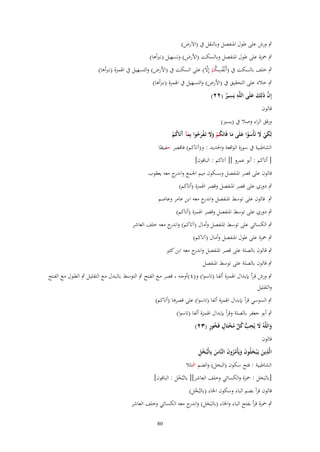 ‫ٍب ورش على طوؿ اؼبنفصل وبالنقل ُب (اَلَرض)‬
‫ٍب ضبزة على طوؿ اؼبنفصل وبالسكت (اْلرض) وتسهيل (نِبأىا)‬
‫ُ ِ ُ ْ َّ‬
‫ٍب خلف بالسكت ُب (أَنْػفسكم إَِل) على السكت ُب (اْلرض) والتسهيل ُب اؽبمزة (نِبأىا)‬
‫ٍب خالد على التحقيق ُب (اْلرض) والتسهيل ُب اؽبمزة (نِبأىا)‬
‫ِ ِ‬
‫إِف ذَلِك علَى اللَّه يَسير (ٕٕ)‬
‫َّ َ َ‬
‫ٌ‬
‫قالوف‬
‫ورقق الراء وصال ُب (يسًن)‬
‫لِكي َل تَأْسوا علَى ما فَاتَكم وَل تَػفرحوا بِمآ آتَاكم‬
‫َ ْ َ َ ْ َ َ ُ ْ ََ ْ َ ُ َ َ ُ ْ‬
‫الشاطبية ُب سورة الواقعة واغبديد : و(آتاكم) فاقصر حفيظا‬
‫[ أتاكم : أبو عمرو ][ آتاكم : الباقوف]‬
‫قالوف على قصر اؼبنفصل وبسكوف ميم اعبمع و ج معو يعقوب‬
‫اندر‬
‫ٍب دوري على قصر اؼبنفصل وقصر اؽبمزة (أتاكم)‬
‫ٍب قالوف على توسط اؼبنفصل و ج معو ابن عامر وعاصم‬
‫اندر‬
‫ٍب دوري على توسط اؼبنفصل وقصر اؽبمزة (أتاكم)‬
‫ٍب الكسائي على توسط اؼبنفصل وأماؿ (آتاكم) و ج معو خلف العاشر‬
‫اندر‬
‫ٍب ضبزة على طوؿ اؼبنفصل وأماؿ (آتاكم)‬
‫ٍب قالوف بالصلة على قصر اؼبنفصل و ج معو ابن كثًن‬
‫اندر‬
‫ٍب قالوف بالصلة على توسط اؼبنفصل‬
‫ٍب ورش قػرأ بإبػداؿ اؽبمػػزة ألفػا (تاسػوا) و(ٗ )أوجػػو ، قصػر مػػع الفػتح ٍب التوسػط بالبػػدؿ مػع التقليػل ٍب الطػػوؿ مػع الفػػتح‬
‫والتقليل‬
‫ٍب السوسي قرأ بإبداؿ اؽبمزة ألفا (تاسوا) على قصرىا (أتاكم)‬
‫ٍب أبو جعفر بالصلة وقرأ بإبداؿ اؽبمزة ألفا (تاسوا)‬
‫َ َ ِ ُّ ُ َّ ُ ْ ٍ ُ ٍ‬
‫واللَّهُ َل يُحَ كل مختَاؿ فَخور (ٖٕ)‬
‫قالوف‬
‫ِ َ َ َ َ ُُ َ َ ْ ِ‬
‫الَّذين يَػ ْبخلُوف ويَأْمروف النَّاس بِالْبُخل‬
‫الشاطبية : فتح سكوف (البخل) والضم مشلال‬
‫[بالبَخل : ضبزة والكسائي وخلف العاشر][ بالبُخل : الباقوف]‬
‫ْ‬
‫َ‬
‫قالوف قرأ بضم الباء وسكوف اػباء (بالبُخل)‬
‫ْ‬

‫ٍب ضبزة قرأ بفتح الباء واػباء (بالبَخل) و ج معو الكسائي وخلف العاشر‬
‫َ اندر‬
‫08‬

 