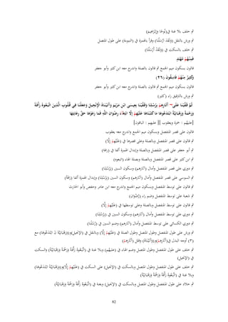 ‫ِ‬
‫ٍب خلف بال غنة ُب(نُوحا وإِبْػراىيم)‬
‫ً َ َ َ‬

‫ٍب ورش بالنقل (ولَقد اَرس ْلنَا) وقرأ باؽبمزة ُب (النبوءة) على طوؿ اؼبتصل‬
‫َ ََ ْ َ‬

‫ٍب خلف بالسكت ُب (ولَقد أَرس ْلنَا)‬
‫َ َْ ْ َ‬
‫ْ ٍ‬
‫ِ‬
‫فَم ْنػهم مهتَد‬
‫ُْ ُ‬
‫قالوف بسكوف ميم اعبمع ٍب قالوف بالصلة و ج معو ابن كثًن وأبو جعفر‬
‫اندر‬
‫َكثِير م ْنػهم فَاسقوف (ٕٙ)‬
‫وَ ٌ ِ ُ ْ ِ ُ َ‬
‫قالوف بسكوف ميم اعبمع ٍب قالوف بالصلة و ج معو ابن كثًن وأبو جعفر‬
‫اندر‬
‫ٍب ورش بالرتقيق راء (كثًن)‬
‫ِ ِ‬
‫ِ‬
‫َ ِ ِ ْ ُ ُ َ َّ ِ َ ِ َ ْ َ َ َ‬
‫ثُم قَػف ْيػنَػا علَػى~ آثَػارهم بِرسػلِنَا وقَػف ْيػنَػا بِعيسػى ابْػن مػريَم وآتَػ ْيػنَػا ُ اَنْجيػل وجعلْنَػا فِػي قُػلُػوب الَّػذين اتَّػبَػعػو ُ رأْفَػةً‬
‫َّ َّ َ‬
‫ِْ َ َ َ َ‬
‫َ ُ َ‬
‫ِْ ِ ِ‬
‫َ ع َ َ َ َ َ ِ ْ َّ‬
‫ورحمةً ورهبَانِيَّةً ابْػتَد ُوها ما كتَْبػنَاها علَْيهم إَِل ابْتِغَآء رضواف اللَّه فَما رعوها حق رعايَتِها‬
‫َ َ ْ َ َ َْ‬
‫َ َ َ ْ َ َ َّ ِ َ َ‬
‫َ َ‬
‫ِ‬
‫[عليهم : ضبزة ويعقوب ][ عليهم : الباقوف]‬
‫ُ‬

‫قالوف على قصر اؼبنفصل وبسكوف ميم اعبمع و ج معو يعقوب‬
‫اندر‬

‫َ ِ ْ َّ‬
‫ٍب قالوف على قصر اؼبنفصل وبالصلة وعلى قصرىا ُب (علَْيهم إَِل)‬

‫ٍب أبو جعفر على قصر اؼبنفصل وبالصلة وإبداؿ اؽبمزة ألفا ُب (رافة)‬

‫ٍب ابن كثًن على قصر اؼبنفصل وبالصلة وبصلة اؽباء (اتبعوه)‬

‫ٍب دوري على قصر اؼبنفصل وأماؿ (آثارىم) وسكوف السٌن (بِرسلِنَا)‬
‫ُْ‬
‫ٍب السوسي على قصر اؼبنفصل وأماؿ (آثارىم) وسكوف السٌن (بِرسلِ‬
‫ُ ْ نَا) وإبداؿ اؽبمزة ألفا (رافَةً)‬
‫َ‬
‫ٍب قالوف على توسط اؼبنفصل وبسكوف ميم اعبمع و ج معو ابن عامر وحفص وأبو اغبارث‬
‫اندر‬
‫ْ ِ‬
‫ٍب شعبة على توسط اؼبنفصل وضم راء (رضواف)‬
‫ُ َ‬
‫َ ِ ْ َّ‬
‫ٍب قالوف على توسط اؼبنفصل وبالصلة وعلى توسطها ُب (علَْيهم إَِل)‬
‫ٍب دوري على توسط اؼبنفصل وأماؿ (آثارىم) وسكوف السٌن ُب (بِرسلِنَا)‬
‫ُْ‬
‫ٍب دوري الكسائي على توسط اؼبنفصل وأماؿ (آثارىم) وضم السٌن ُب (رسلًنا)‬
‫ُُ‬
‫ٍب ورش على طوؿ اؼبنفصل وطوؿ اؼبتصل وطوؿ الصلة ُب (علَيهم إَِل) وبالنقل ُب (اإلقبيل)و(ورىبانِ‬
‫َ ْ ِ ْ َّ‬
‫َ َ ْ َ يَّةَ ف ابْػتَدعوىا) مع‬
‫َ َُ َ‬
‫ِِ‬
‫ِِ‬
‫(ٖ) أوجو البدؿ ُب(آَثَارىم)و(وآَتَػْيػنَاهُ) وقلل (آَثَارىم)‬
‫ْ‬
‫ْ َ‬
‫ٍب خلف على طوؿ اؼبنفصل وطوؿ اؼبتصل وضم اؽبػاء ُب (علػيهم) وبػال غنػة ُب (اتَّبَػعػوهُ رأْفَػةً ورضبَػةً ورىبَانِيَّػةً) والسػكت‬
‫ػ ُ َ ََ ْ ََ ْ‬
‫ُ‬
‫ُب (اإلقبيل)‬
‫ٍب خلف على طوؿ اؼبنفصل وطوؿ اؼبتصل وبالسكت ُب (اإلقبيل) على السػكت ُب (علَػيهم إَِل)و(ورىبَانِيَّػةً ابْػتَػدعوىا)‬
‫َ ْ ِ ْ َّ َ َ ْ‬
‫َُ َ‬
‫وبال غنة ُب (اتَّبَػعوهُ رأْفَةً ورضبَةً ورىبَانِيَّةً)‬
‫ػ ُ َ ََ ْ ََ ْ‬
‫ٍب خالد على طوؿ اؼبنفصل وطوؿ اؼبتصل وبالسكت ُب (اإلقبيل) وبغنة ُب (اتَّبَػعوهُ رأْفَةً ورضبَةً ورىبَانِيَّةً)‬
‫ػ ُ َ ََ ْ ََ ْ‬
‫28‬

 