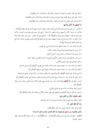 ‫ٍب ضبزة على طوؿ اؼبتصل قرأ بفتح الياء وبتشديد الظاء وألف بعدىا كسر اؽباء (يَظَّاىروف)‬
‫و‬
‫ُِ َ‬

‫ٍب أبو جعفر على توسط اؼبتصل وقرأ بفتح الياء وبتشديد الظاء وألف بعدىا كسر اؽباء (يَظَّاىروف)‬
‫و‬
‫ُِ َ‬
‫ٍب عاصم على طوؿ اؼبتصل قرأ بضم الياء وزبفيف الظاء وألف بعدىا كسر اؽباء (يُظَاىروف)‬
‫و‬
‫ُِ َ‬
‫إِف أُمهاتُػهم إَِل الآلئِي ولَدنَػهم‬
‫ْ َّ َ ُ ْ َّ َّ َ ْ ُ ْ‬

‫[ الآلئػػي : ابػػن عػػامر وعاصػػم وضبػػزة والكسػػائي وخلػػف العاشػػر ووقػػف ضبػػزة بتسػػهيل اؽبمػػزة مػػع اؼبػػد والقصػػر] [الػػآلء :‬
‫والآلي: مدا مشبعا :الآلء: بالتسهيل مع اؼبد والقصر (ٖ) وصال : البزي وأبو عمرو وؽبما وقفا إبداؿ اؽبمزة ياء ساكنة‬
‫مع إشباع اؼبد وؽبما تسهيلها بالروـ مع اؼبد والقصر][ الآلء : بالتسهيل مع اؼبد والقصػر : ورش وأبػو جعفػر وؽبمػا وقفػا‬
‫إبداؿ اؽبمزة ياء ساكنة مع إشباع اؼبد وؽبما تسهيلها بػالروـ مػع اؼبػد والقصػر][ قػالوف وقنبػل ويعقػوب وحبػذؼ اليػاء الػيت‬
‫بعد اؽبمزة وربقيق اؽبمزة وصال ووقفا ]‬
‫قالوف قرأ حبذؼ الياء مدا متصال وحقق اؽبمزة (الآلء) و ج معو يعقوب‬
‫ِ اندر‬
‫ِ‬
‫ٍب أبو عمرو بالتسهيل للهمزة وصال مع اؼبد والقصر (الآلء)‬
‫ٍب أبو عمرو وصال بإبداؽبا ياء ساكنة مع اؼبد اؼبشبع (الآلئِي)‬

‫َّ‬
‫ٍب ابن عامر بالتحقيق على توسط اؼبتصل (الآلئِي) و ج معو عاصم والكسائي وخلف العاشر‬
‫اندر‬
‫َّ‬
‫ٍب ضبزة بالتحقيق على طوؿ اؼبتصل (الآلئِي)‬

‫ِ‬
‫ٍب قالوف قرأ حبذؼ الياء مدا متصال وحقق اؽبمزة (الآلء) بالصلة على قصرىا (أُمهاتُػهم إَِل) و ج معو قنبل‬
‫َّ َ ُ ْ َّ اندر‬
‫ِ‬
‫َّ َ ُ ْ َّ‬
‫ٍب قالوف قرأ حبذؼ الياء مدا متصال وحقق اؽبمزة (الآلء) بالصلة على توسطها (أُمهاتُػهم إَِل)‬
‫َّ َ ػ ُ ْ َّ‬
‫ٍب البزي بالصلة على قصرىا (أُمهاتُهم إَِل) وبالتسهيل باؼبد والقصر وإبدؽبا ياء ساكنة مع اؼبد اؼبشبع وصال ووقفا‬
‫ِ‬
‫َّ َ ػ ُ ْ َّ‬
‫ٍب أبو جعفر قرأ حبذؼ الياء مدا متصال وسهل اؽبمزة (الآلء) بالتوسط والقصر وبالصلة على قصرىا (أُمهاتُهم إَِل)‬
‫ِ‬
‫ٍب ورش بالنقل ُب (إِف اُمهاتُػهم) وقرأ حبذؼ الياء مدا متصال وسهل اؽبمزة (الػآلء) باؼبػد والقصػر وبالصػلة علػى طوؽبػا‬
‫ُ َّ َ ُ ْ‬
‫َّ َ ُ ْ َّ‬
‫(أُمهاتُػهم إَِل)‬
‫ٍب ورش وصال بإبداؽبا ياء ساكنة مع اؼبد اؼبشبع (الآلئِي)‬
‫َّ َ ُ ْ َّ‬
‫َّ‬
‫ٍب خلف بالسكت ُب (إِف أُمهاتُػهم) وبالتحقيق على طوؿ اؼبتصل (الآلئِي) وبالصلة على طوؽبا (أُمهاتُػهم إَِل)‬
‫ْ َّ َ ُ ْ‬
‫ِ‬
‫ِ‬
‫وإِنَّهم لَيَػقولُوف م ْنكرا من الْقوؿ وزورا‬
‫َ ػُ ْ ُ َ ُ ًَ َ َْ َُ ً‬
‫قالوف بسكوف ميم اعبمع ٍب قالوف بالصلة و ج معو ابن كثًن وأبوجعفر‬
‫اندر‬

‫َ َّ‬
‫وإِف اللَّهَ لَعفو غَفور (ٕ)‬
‫َ ُ ّّ ُ ٌ‬

‫قالوف ٍب أبو جعفر باإلخفاء للتنوين عند الغٌن (لَعفو غفور)‬
‫َ ُ ّّ َ ُ ٌ‬
‫ِ ِ‬
‫ِ‬
‫والَّذين يُظَاهروف من نِسآئِهم ثُم يَػعودوف لِما قَالُوا فَػتَحرير رقَػبَة من قَػ ْبل أَف يَػتَماسا‬
‫ْ ِ ُ َ ٍ ِ ْ ِ ْ َ َّ‬
‫ُ َ ْ َ ِ ْ َّ ُ ُ َ َ‬
‫َ َ‬
‫[يَظَّهروف : نافع وابن كثًن وأبو عمرو ويعقوب][ يُظاىروف : عاصم][يَظَّاىروف : ابن عامر وضبزة والكسائي وأبو جعفر‬
‫َّ‬
‫وخلف العاشر]‬

‫58‬

 