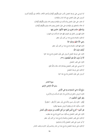 ‫ٍب السوسي على توسط اؼبتصل بكسر اؼبيم (قُػلُ ِِم اإليبَاف) وأدغم الكاؼ بالكاؼ ُب (أُولَئِك كتَب)‬
‫ؤّ ِ ِْ َ‬
‫َ َ َ‬
‫ٍب ورش على طوؿ اؼبتصل مع (ٖ) البدؿ (اإليباف)‬

‫ٍب خلف على طوؿ اؼبتصل وبالسكت ُب (اإليباف) وبضم اؽباء واؼبيم (قُػلُؤُّم اإليبَاف)‬
‫ِ ُ ِْ َ‬
‫ٍب خالد بالتحقيق ُب (اإليباف) على طوؿ اؼبتصل وبضم اؽباء واؼبيم (قُػلُؤُّم اإليبَاف)‬
‫ِ ُ ِْ َ‬
‫ِ‬
‫ِ‬
‫ِ‬
‫ٍ‬
‫ويُدخلُهم جنَّات تَجري من تَحتِها اَِنْػهار خالِدين فِيها‬
‫ِْ ْ ْ َ ْ َ ُ َ َ َ‬
‫َ ْ ُْ َ‬
‫قالوف ثم ورش بالنقل ُب (النهار) ثم ضبزة بالسكت ُب (النهار)‬

‫ٍب قالوف بالصلة و ج معو ابن كثًن وأبو جعفر‬
‫اندر‬
‫ِ‬
‫َ ُ ْ ََ ُ َ‬
‫رضي اللَّهُ ع ْنػهم ورضوا ع ْنهُ‬
‫َ َ‬
‫قالوف ثم قالوف بالصلة و ج معو ابن كثًن وأبو جعفر‬
‫اندر‬
‫ِ‬
‫ِ‬
‫أُولَئِك حزب اللَّه‬
‫َ ْ ُ‬
‫قالوف على توسط اؼبتصل ٍب ورش على طوؿ اؼبتصل و ج معو ضبزة‬
‫اندر‬
‫أَّل إِف حزب اللَّه هم الْمفلِحوف (ٕٕ)‬
‫َ َّ ِ ْ َ ِ ُ ُ ُ ْ ُ َ‬
‫قالوف على قصر اؼبنفصل‬
‫ِ‬
‫ٍب السوسي على قصر اؼبنفصل وبإدغاـ اؽباء باؽباء (اللَّو ىم)‬
‫ُُ‬
‫ٍب قالوف على توسط اؼبنفصل‬
‫ٍب ورش على طوؿ اؼبنفصل و ج معو ضبزة‬
‫اندر‬
‫سورة الحشر‬
‫ْ ِ ِ َّ ْ َ ِ َّ ِ ِ‬
‫بِسم اللَّه الرحمن الرحيم‬

‫ِ‬
‫ِ‬
‫ْْ ِ‬
‫سبَّح لِلَّه ما فِي السماوات وما فِي اَِرض‬
‫َّ َ َ َ َ‬
‫َ َ َ‬
‫قالوف ٍب ورش بالنقل ُب (اَلَرض) ٍب ضبزة بالسكت ُب (اْلرض)‬
‫ِ‬
‫وهو الْعزيز الْحكيم (ٔ)‬
‫َ َُ َِ ُ َ ُ‬
‫[وىو : قالوف وأبو عمرو والكسائي وأبو جعفر ] [ وىو : الباقوف]‬
‫َْ‬
‫َُ‬

‫قالوف بسكوف اؽباء ُب (وىو) ٍب ورش بضمها (وىو)‬
‫ْ‬
‫ُ‬
‫ِ‬
‫ْ َ َ ِ َ َ َ ُ ِ ْ ْ ِ ِ ِ ِ ْ ِ ِ ِ ْ ِ َّ ِ َ ْ ِ‬
‫هو الَّذي~ أَخرج الَّذين كفروا من أَهل الْكتَاب من ديَارهم َِوؿ الْحشر‬
‫َُ‬
‫قالوف على قصر اؼبنفصل وبسكوف ميم اعبمع و ج معو يعقوب‬
‫اندر‬
‫ٍب قالوف على قصر اؼبنفصل وبالصلة و ج معو ابن كثًن وأبو جعفر‬
‫اندر‬
‫ٍب أبو عمرو على قصر اؼبنفصل وأماؿ (ديارىم)‬
‫ٍب قالوف على توسط اؼبنفصل و ج معو ابن عامر وعاصم وأبو اغبارث وخلف العاشر‬
‫اندر‬
‫69‬

 