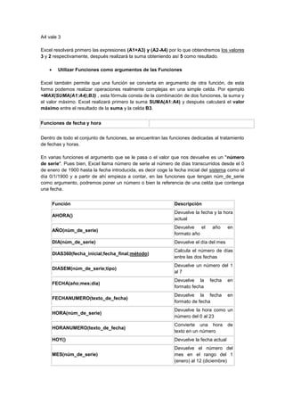 A4 vale 3
Excel resolverá primero las expresiones (A1+A3) y (A2-A4) por lo que obtendremos los valores
3 y 2 respectivamente, después realizará la suma obteniendo así 5 como resultado.
 Utilizar Funciones como argumentos de las Funciones
Excel también permite que una función se convierta en argumento de otra función, de esta
forma podemos realizar operaciones realmente complejas en una simple celda. Por ejemplo
=MAX(SUMA(A1:A4);B3) , esta fórmula consta de la combinación de dos funciones, la suma y
el valor máximo. Excel realizará primero la suma SUMA(A1:A4) y después calculará el valor
máximo entre el resultado de la suma y la celda B3.
Funciones de fecha y hora
Dentro de todo el conjunto de funciones, se encuentran las funciones dedicadas al tratamiento
de fechas y horas.
En varias funciones el argumento que se le pasa o el valor que nos devuelve es un "número
de serie". Pues bien, Excel llama número de serie al número de días transcurridos desde el 0
de enero de 1900 hasta la fecha introducida, es decir coge la fecha inicial del sistema como el
día 0/1/1900 y a partir de ahí empieza a contar, en las funciones que tengan núm_de_serie
como argumento, podremos poner un número o bien la referencia de una celda que contenga
una fecha.
Función Descripción
AHORA()
Devuelve la fecha y la hora
actual
AÑO(núm_de_serie)
Devuelve el año en
formato año
DIA(núm_de_serie) Devuelve el día del mes
DIAS360(fecha_inicial;fecha_final;método)
Calcula el número de días
entre las dos fechas
DIASEM(núm_de_serie;tipo)
Devuelve un número del 1
al 7
FECHA(año;mes;día)
Devuelve la fecha en
formato fecha
FECHANUMERO(texto_de_fecha)
Devuelve la fecha en
formato de fecha
HORA(núm_de_serie)
Devuelve la hora como un
número del 0 al 23
HORANUMERO(texto_de_fecha)
Convierte una hora de
texto en un número
HOY() Devuelve la fecha actual
MES(núm_de_serie)
Devuelve el número del
mes en el rango del 1
(enero) al 12 (diciembre)
 