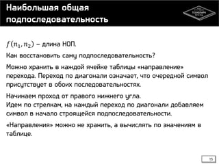 Наибольшая общая
подпоследовательность
𝑓 𝑛1 , 𝑛2 – длина НОП.
Как восстановить саму подпоследовательность?

Можно хранить в каждой ячейке таблицы «направление»
перехода. Переход по диагонали означает, что очередной символ
присутствует в обоих последовательностях.
Начинаем проход от правого нижнего угла.
Идем по стрелкам, на каждый переход по диагонали добавляем
символ в начало строящейся подпоследовательности.
«Направления» можно не хранить, а вычислять по значениям в
таблице.

15

 