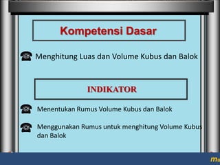 Kompetensi Dasar
Menghitung Luas dan Volume Kubus dan Balok

INDIKATOR
Menentukan Rumus Volume Kubus dan Balok

Menggunakan Rumus untuk menghitung Volume Kubus
dan Balok

ma

 