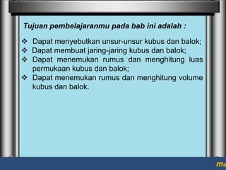 Tujuan pembelajaranmu pada bab ini adalah :
 Dapat menyebutkan unsur-unsur kubus dan balok;
 Dapat membuat jaring-jaring kubus dan balok;
 Dapat menemukan rumus dan menghitung luas
permukaan kubus dan balok;
 Dapat menemukan rumus dan menghitung volume
kubus dan balok.

ma

 