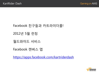 KartRider Dash

Facebook 친구들과 카트라이더를!
2012년 5월 런칭
월드와이드 서비스
Facebook 캔버스 앱
https://apps.facebook.com/kartriderdash

 