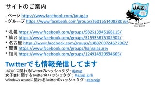 サイトのご案内
- ページ https://www.facebook.com/jazug.jp
- グループ https://www.facebook.com/groups/260155140828076/
* 札幌 https://www.facebook.com/groups/582513945168115/
* 仙台 https://www.facebook.com/groups/315935875102902/
* 名古屋 https://www.facebook.com/groups/1388769724677067/
* 関西 https://www.facebook.com/groups/kansaiazure/
* 福岡 https://www.facebook.com/groups/124914920994665/

Twitterでも情報発信してます
JAZUGに関わるTwitterのハッシュタグ : #jazug
女子会に関するTwitterのハッシュタグ：#jazug_girls
Windows Azureに関わるTwitterのハッシュタグ : #azurejp

 