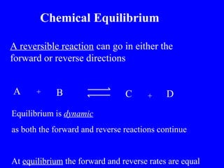 Chemical Equilibrium
A reversible reaction can go in either the
forward or reverse directions
A

+

B

C

+

D

Equilibrium is dynamic
as both the forward and reverse reactions continue

At equilibrium the forward and reverse rates are equal

 