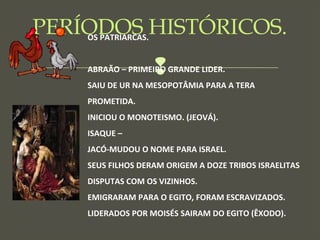 
PERÍODOS HISTÓRICOS.OS PATRIARCAS.
ABRAÃO – PRIMEIRO GRANDE LIDER.
SAIU DE UR NA MESOPOTÂMIA PARA A TERA
PROMETIDA.
INICIOU O MONOTEISMO. (JEOVÁ).
ISAQUE –
JACÓ-MUDOU O NOME PARA ISRAEL.
SEUS FILHOS DERAM ORIGEM A DOZE TRIBOS ISRAELITAS
DISPUTAS COM OS VIZINHOS.
EMIGRARAM PARA O EGITO, FORAM ESCRAVIZADOS.
LIDERADOS POR MOISÉS SAIRAM DO EGITO (ÊXODO).
 
