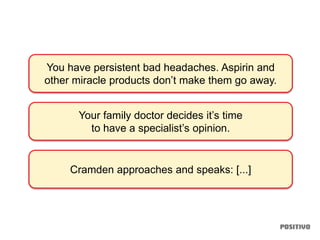 You have persistent bad headaches. Aspirin and
other miracle products don’t make them go away.
Your family doctor decides it’s time
to have a specialist’s opinion.
Cramden approaches and speaks: [...]
 