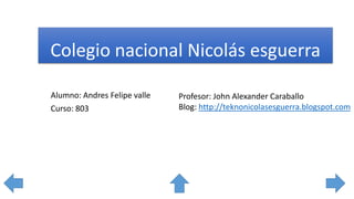Colegio nacional Nicolás esguerra
Profesor: John Alexander Caraballo
Blog: http://teknonicolasesguerra.blogspot.com
Alumno: Andres Felipe valle
Curso: 803
 
