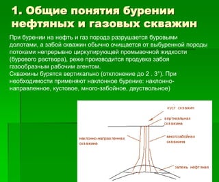 1. Общие понятия бурении
нефтяных и газовых скважин
При бурении на нефть и газ порода разрушается буровыми
долотами, а забой скважин обычно очищается от выбуренной породы
потоками непрерывно циркулирующей промывочной жидкости
(бурового раствора), реже производится продувка забоя
газообразным рабочим агентом.
Скважины бурятся вертикально (отклонение до 2 . 3°). При
необходимости применяют наклонное бурение: наклонно-
направленное, кустовое, много-забойное, двуствольное)
 
