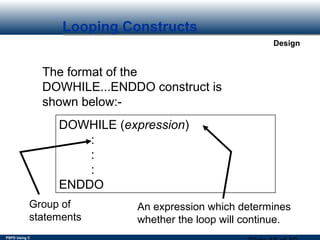 PSPD Using C
Design
Looping Constructs
The format of the
DOWHILE...ENDDO construct is
shown below:-
DOWHILE (expression)
:
:
:
ENDDO
Group of
statements
An expression which determines
whether the loop will continue.
 