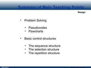 PSPD Using C
Design
Summary of Main Teaching Points
• Problem Solving
• Pseudocodes
• Flowcharts
• Basic control structures
• The sequence structure
• The selection structure
• The repetition structure
 
