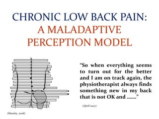 CHRONIC LOW BACK PAIN:
A MALADAPTIVE
PERCEPTION MODEL
“So when everything seems
to turn out for the better
and I am on track again, the
physiotherapist always finds
something new in my back
that is not OK and …….”
(Afrell 2007)
(Moseley 2008)
 