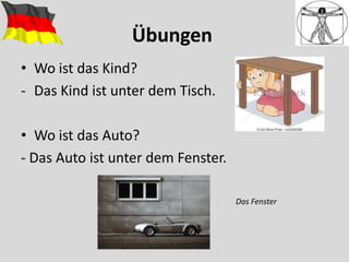 Übungen
• Wo ist das Kind?
- Das Kind ist unter dem Tisch.
• Wo ist das Auto?
- Das Auto ist unter dem Fenster.
Das Fenster
 