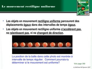 (c) McGraw Hill Ryerson 2007
Le mouvement rectiligne uniforme
• Les objets en mouvement rectiligne uniforme parcourent des
déplacements égaux dans des intervalles de temps égaux.
• Les objets en mouvement rectiligne uniforme n’accélèrent pas,
ne ralentissent pas, ni ne changent de direction.
Voir page 350
La position de la balle dans cette photo est montrée à
intervalle de temps régulier. Comment pourrais-tu
déterminer si le mouvement est uniforme?
 