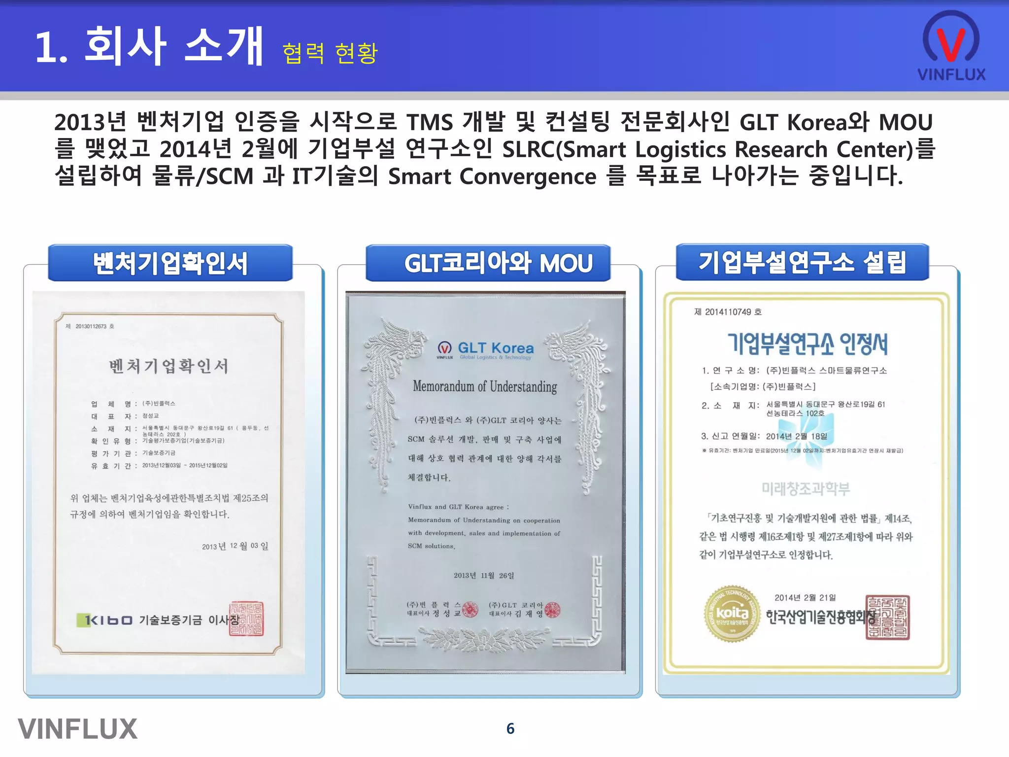 VINFLUX 6
2013년 벤처기업 인증을 시작으로 TMS 개발 및 컨설팅 전문회사인 GLT Korea와 MOU
를 맺었고 2014년 2월에 기업부설 연구소인 SLRC(Smart Logistics Research Center)를
설립하여 물류/SCM 과 IT기술의 Smart Convergence 를 목표로 나아가는 중입니다.
1. 회사 소개 협력 현황
 