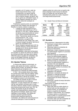 Algoritmo PID
122
exemplo, em 2,2 vezes o valor da
banda proporcional crítica, o que
corresponde a um ganho total de
aproximadamente 0,45. Neste caso,
para a mesma margem de ganho, tem
se um ganho do controlador menor. O
tempo integral é ajustado em 0,50 o
período natural de oscilação do
processo.
Finalmente, quando se tem um controlador
proporcional mais integral mais derivativo, a
filosofia é a mesma, exceto no seguinte:
1. a adição da ação derivativa torna o
controlador mais estável que o P+I e
até que o P. Por isso, o ajuste definitivo
da banda proporcional pode ser menor
que 2 vezes a banda proporcional
crítica. Tipicamente, ajusta se a banda
proporcional em 1,80 , o que
corresponde a um ganho total
aproximado de 0,55. Neste caso, para
a mesma margem de ganho, tem se um
ganho do controlador maior.
2. tempo integral é ajustado para 0,67 do
período natural e o tempo derivativo é
ajustado em 0,125 do período natural
de oscilação do processo.
Esta flexibilidade e este grau de liberdade
em escolher os valores de sintonia do sistema
de controle permitem que haja vários valores
diferentes para os ajustes do controlador, tais
como os de Ziegler & Nichols, de Murril &
Smith, de Cohen & Coon e de Shinskey.
8.6. Ajustes Típicos
A maioria das malhas é sintonizada, na
prática, pelo ajuste dos modos, a partir de
valores típicos iniciais. Os ajustes são depois
feitos finamente por tentativa e erro,
observando-se a resposta da malha fechada.
A Tab. 1 dá os ajustes típicos dos modos
de controle para vários tipos de malhas. Estes
ajustes assumem que o instrumentação já
tenha selecionado a válvula de controle, a faixa
de medição do sensor ou do transmissor.
As malhas de pressão de gás e nível de
liquido tipicamente tem uma resposta
integrante. O modo integral deve ser evitado, a
não ser que também se possa usar o modo
derivativo. Nenhum destes modos é necessário
para banda proporcional menor que 10%. As
malhas de pressão de gás de fornalha e
secador são freqüentemente ruidosas e tem
alto ganhos da medição, desde que a faixa
calibrada é muito estreita. Tais malhas de
pressão requerem grandes bandas
proporcionais (pequenos ganhos do
controlador). As malhas de nível de liquido em
colunas de distinção e níveis de balão da
caldeira podem ter ruído e tem um ganho não
linear (resposta inicial inversa da resposta
final). As malhas de nível de liquido com
borbulhamento podem ter ruído e requerem
uma larga banda proporcional.
Tab. 1. Ajustes Típicos dos Modos do Controlador
Malha
BP
%
Ti
rep/min
Td
min
Vazão 100-500 10-50 Nada
P líquido 100-500 10-50 Nada
P gás 1-50 2-10 0,002-0,1
Nível 1-50 4-20 0,01-0,05
T 10-50 0,02-1 0,5-20
Análise 200-800 0,01-0,1 Nada
8.7. Sumário
Para maximizar o desempenho da malha
1. Minimizar o tempo morto, quando ele
aparecer na malha.
2. Maximizar todas as constantes de
tempo do instrumento.
3. Maximizar a maior constante de tempo
de realimentação negativa no processo
auto-regulante.
4. Minimizar todas as constantes de
tempo da realimentação negativa
menores que a maior constante de
tempo no processo auto-regulante.
5. Minimizar todas as constantes de
tempo da realimentação negativa no
processo não auto-regulante.
6. Maximizar a constante de tempo de
realimentação positiva no processo não
auto-regulante.
7. Minimizar os ganhos do processo,
integrador e do distúrbio.
8. Maximizar a constante de tempo do
distúrbio e o intervalo de tempo.
9. Minimizar os ajustes da banda
proporcional e do tempo integral do
controlador.
10. Maximizar o ajuste do tempo derivativo
do controlador.
Para estimar os ajustes do modo e do
desempenho da malha:
1. Medir pelo teste da malha aberta ou
estimar pelo uso das equações, os
tempos mortos, as constantes de
tempo e os ganhos do processo,
distúrbio e instrumentos. Se a medição
é ruidosa, estimar a constante de
tempo do filtro ou a banda proporcional
necessária para a atenuação.
2. Converter cada uma das constantes de
tempo menores do que a maior
 