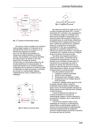 Controle Multivariável
125
Fig. 8.1. Esquema da realimentação negativa
Em resumo, esta é a essência do controle à
realimentação negativa. É irrelevante se há
seis elementos na Fig. 8.2 e apenas um na
válvula auto-regulada de pressão
(Fig. 8.3). Na válvula auto-operada, os
mecanismos estão embutidos na própria
válvula, não há display e os ajustes são feitos
de modo precário na válvula ou nem são
disponíveis. Na malha de controle
convencional, os instrumentos podem ter até
circuitos eletrônicos microprocessados. É
irrelevante também se as variáveis medida e
manipulada são as mesmas na malha de vazão
ou diferentes na malha de pressão. O conceito
de controle é a realimentação negativa,
independente do meio ou método de sua
realização.
Fig. 8.2. Malha de controle de vazão
Fig. 8.3. Reguladora de pressão
Na malha de controle de vazão da Fig. 8.2,
a vazão é sentida pela placa (FE), o sinal é
transmitido (FT), extraída a raiz quadrada (FY-
A) e finalmente chega ao controlador (FIC).
Este sinal de medição é comparado com o
ponto de ajuste (não mostrado na figura) e o
controlador gera um sinal (função matemática
da diferença entre medição e ponto) que vai
para a válvula de controle (FCV), passando
antes por um transdutor corrente para
pneumático (FY-B), que compatibiliza a
operação do controlador eletrônico com a
válvula com atuador pneumático. A atuação do
controlador tem o objetivo de tornar a medição
igual (ou próxima) do ponto de ajuste.
Na válvula auto-regulada acontece a
mesma coisa, porém, envolvendo menor
quantidade de equipamentos. O valor da
pressão a ser controlado é levado para um
mecanismo de comparação que está no
atuador do válvula. No mecanismo há um
ajuste do valor da pressão a ser controlado.
Automaticamente a válvula vai para a posição
correspondente à pressão ajustada.
Nos dois sistemas sempre há:
1. medição da variável controlada
2. ajuste do valor desejado
3. comparação entre medição e ajuste
4. atuação para tornar medição igual ao
ponto de ajuste
Enquanto a medição estiver igual ao ponto
de ajuste (situação ideal), a saída do
controlador está constante (cuidado! Não é
igual a zero!). Só haverá atuação (variação na
saída) quando ocorrer diferença entre medição
e ponto de ajuste.
A maioria absoluta dos sistemas de
controle se baseiam no conceito de
realimentação negativa. Embora seja lento e
susceptível à oscilação, ele é o mais fácil de
ser realizado.
A minoria dos sistemas utiliza outras
estratégias de controle ou combinação de
várias malhas a realimentação negativa. O
advento da instrumentação microprocessada
(chamada estupidamente de inteligente)
permite a implementação econômica e eficiente
de outras técnicas de controle.
 