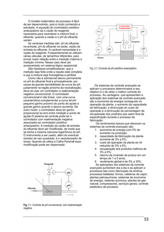53
O modelo matemático do processo é fácil
de ser desenvolvido, pois é muito conhecido e
estudado. A equação do controlador preditivo
antecipatório dá a vazão do reagente
necessária para neutralizar a mistura final, o
efluente, quando a vazão e o pH do efluente
variam
As variáveis medidas são: pH do efluente
na entrada, pH do efluente na saída, vazão da
entrada do efluente. A variável manipulada é a
vazão do reagente. Freqüentemente se utilizam
várias válvulas, de tamanhos diferentes, para
prover maior relação entre a medição máxima e
medição mínima. Nesse caso deve ser
acrescentado um sistema lógico seqüencial.
São hipóteses simplificadoras: que a
medição seja feita onde a reação está completa
e que a mistura seja homogênea e perfeita.
Como não é admissível desvio permanente
no pH do efluente final e principalmente, por
causa da grande sensibilidade da curva de pH
justamente na região próxima da neutralização,
deve se usar um controlador a realimentação
negativa convencional. O controlador
convencional é não linear, com uma curva
característica complementar a curva de pH:
pequeno ganho próximo do ponto de ajuste e
grande ganho quando o desvio aumenta. De
outro modo: o controlador deve ter ganho
proporcional ao erro entre medição e ponto de
ajuste.O sistema de controle pode ter o
controlador com realimentação negativa
associados ao controlador preditivo
antecipatório. A medição da vazão de entrada
do efluente deve ser modificada, de modo que
se tenha a mesma natureza logarítmica do pH.
O instrumento a ser usado, além do eventual
extrator de raiz quadrada, é o caracterizador de
sinais. Quando se utiliza a Calha Parshall essa
modificação pode ser dispensada.
Fig. 3.1. Controle de pH convencional, com realimentação
negativa
Fig. 3.1. Controle de pH preditivo antecipatório
Os sistemas de controle avançado se
aplicam a processos determinados e seu
objetivo é o de obter o melhor controle do
processo. As vantagens que apresentam a
aplicação dos sistemas de controle avançado
são a economia de energia conseguido na
operação da planta, o aumento da capacidade
de fabricação, a diminuição do custo de
operação e a diminuição da percentagem de
recuperação dos produtos que saem fora de
especificação durante o processo de
fabricação.
Os rendimentos típicos que oferecem os
sistemas de controle avançado são:
1. economia de energia com 5% de
aumento na produção,
2. capacidade de fabricação da planta
aumenta de 3% a 5%,
3. custo de operação da planta se vê
reduzido de 3% a 5%,
4. recuperação dos produtos melhora de
3% a 5%,
5. retorno da inversão de produz em um
tempo de 1 a 5 anos,
6. rendimento global é de 5% a 35%.
As aplicações dos sistemas de controle
avançado aumentam dia a dia e se aplicam a
processos tais como fabricação de amônia,
processos batelada, fornos, caldeiras de vapor,
plantas petroquímicas, sistemas de economia
de energia, reatores químicos, plantas de gás
natural, compressores, serviços gerais, controle
estatístico de processo.
 