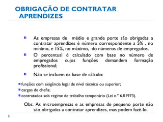 OBRIGAÇÃO DE CONTRATAR
APRENDIZES
As empresas de médio e grande porte são obrigadas a
contratar aprendizes é número correspondente a 5% , no
mínimo, e 15%, no máximo, do números de empregados.
O percentual é calculado com base no número de
empregados cujos funções demandem formação
profissional;
Não se incluem na base de cálculo:
funções com exigência legal de nível técnico ou superior;
cargos de chefia;
contratados sob regime de trabalho temporário (Lei n.º 6.01973).
Obs: As microempresas e as empresas de pequeno porte não
são obrigadas a contratar aprendizes, mas podem fazê-lo.
 