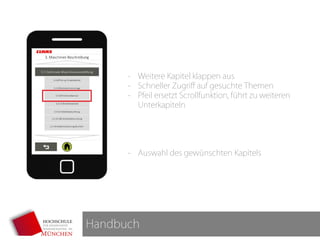 Handbuch
- Weitere Kapitel klappen aus
- Schneller Zugriff auf gesuchte Themen
- Pfeil ersetzt Scrollfunktion, führt zu weiteren
Unterkapiteln
- Auswahl des gewünschten Kapitels
 