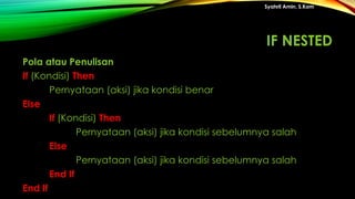 Pola atau Penulisan
If (Kondisi) Then
Pernyataan (aksi) jika kondisi benar
Else
If (Kondisi) Then
Pernyataan (aksi) jika kondisi sebelumnya salah
Else
Pernyataan (aksi) jika kondisi sebelumnya salah
End If
End If
Syahril Amin, S.Kom
IF NESTED
 