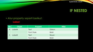 • Atur property seperti berikut:
Label
Syahril Amin, S.Kom
No Objek Properti Nilai
4 Label4 Text Diskon
Font Style Bold
5 Label5 Text Bayar
Font Style Bold
IF NESTED
 