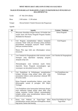 MINIT MESYUARAT AHLI JAWATANKUASA KALI KE-8
MAJLIS PENGHARGAAN MAHASISWA FAKULTI EKONOMI DAN PENGURUSAN
2014 (MPMFEP’14)
Tarikh : 07 Mei 2014 (Rabu)
Masa : 8.00 malam – 11.00 malam
Tempat : Dewan Kuliah 2 Fakulti Ekonomi dan Pengurusan
Agenda :
Bil Agenda Catatan / Tindakan
1. Mesyuarat dimulakan dengan bacaan Al-Fatehah dan
ucapan aluan oleh Ketua Pengarah Program Saudara
Mufaddal bin Mustansir
Ketua Pengarah
2. Unit Program memaklumkan bahawa kumpulan
nyanyian “band” telah pun bersetuju untuk membuat
persembahan. Kumpulan nyanyian “band” tersebut
telah pun membuat latihan.
Master Plan juga telah pun dibentangkan semasa
mesyuarat.
Unit Program
3. Unit Teknikal & Pengangkutan telah meminta senarai
barangan yang diperlukan sepanjang program
daripada setiap unit.
Memandangkan surat kelulusan masih belum
diperoleh, Ketua Pengarah mencadangkan agar
meminjam van dari pihak Kosiswa UKM.
Unit Teknikal & Pengangkutan
4. Unit Pendaftaran & Perhubungan memaklumkan
terdapat beberapa orang pelajar tahun akhir yang
menyatakan bahawa yuran penyertaan sebanyak RM
20 terlalu mahal.
Ketua Pengarah memaklumkan bahawa yuran akan
dibincangkan semula di peringkat Ahli Majlis
Tertinggi.
Unit Pendaftaran akan bertanyakan berkenaan dengan
emel makluman kepada pelajar tahun akhir yang
sedang menjalani Latihan Industri memandangkan
terdapat pelajar yang memaklumkan bahawa masih
tidak menerima jemputan.
Unit Pendaftaran dan
Perhubungan
5. Ketua Unit Publisiti & Tugas-Tugas Khas
memaklumkan mereka telah pun menetapkana rekaan
bagi poster, banner dan bunting.
Ketua Unit Publisiti & Tugas-
Tugas Khas
 