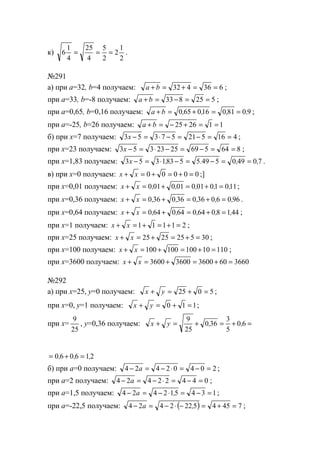 к)
2
1
2
2
5
4
25
4
1
6 === .
№291
а) при а=32, b=4 получаем: 636432 ==+=+ ba ;
при а=33, b=-8 получаем: 525833 ==−=+ ba ;
при а=0,65, b=0,16 получаем: 90810160650 ,,,,ba ==+=+ ;
при а=-25, b=26 получаем: 112625 ==+−=+ ba
б) при х=7 получаем: 41652157353 ==−=−⋅=−x ;
при х=23 получаем: 8645692523353 ==−=−⋅=−x ;
при х=1,83 получаем: 7049054955831353 ,,.,x ==−=−⋅=− .
в) при х=0 получаем: 00000 =+=+=+ xx ;]
при х=0,01 получаем: 11010010010010 ,,,,,xx =+=+=+ ;
при х=0,36 получаем: 96060360360360 ,,,,,xx =+=+=+ .
при х=0,64 получаем: 44180640640640 ,,,,,xx =+=+=+ ;
при х=1 получаем: 21111 =+=+=+ xx ;
при х=25 получаем: 305252525 =+=+=+ xx ;
при х=100 получаем: 11010100100100 =+=+=+ xx ;
при х=3600 получаем: 366060360036003600 =+=+=+ xx
№292
а) при x=25, y=0 получаем: 5025 =+=+ yx ;
при x=0, y=1 получаем: 110 =+=+ yx ;
при x=
25
9
, y=0,36 получаем: =+=+=+ 60
5
3
360
25
9
,,yx
216060 ,,, =+=
б) при а=0 получаем: 20402424 =−=⋅−=− a ;
при а=2 получаем: 04422424 =−=⋅−=− a ;
при а=1,5 получаем: 134512424 =−=⋅−=− ,a ;
при а=-22,5 получаем: ( ) 74545222424 =+=−⋅−=− ,a ;
www.5balls.ru
 