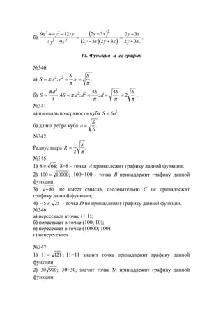б)
( )
( )( )
9 4 12
4 9
2 3
2 3 2 3
2 3
2 3
2 2
2 2
2
x y xy
y x
y x
y x y x
y x
y x
+ −
−
=
−
− +
=
−
+ .
.
14. Функция и ее график
№340.
а) S r r
S
r
S
= = =π
π π
2 2
; ; ;
б) S
d
S d d
S
d
S S
= = = = =
π
π
π π π
2
2 2
4
4
4 4
2; ; ; .
№341
а) площадь поверхности куба S a= 6 2
;
б) длина ребра куба a
S
=
6
.
№342.
Радиус шара R
S
=
1
2 π
.
№345
1) 8 64= ; 8=8 – точка А принадлежит графику данной функции;
2) 100 10000= ; 100=100 - точка В принадлежит графику данной
функции;
3) − 81 не имеет смысла, следовательно С не принадлежит
графику данной функции;
4) − ≠5 25 - точка D не принадлежит графику данной функции.
№346.
а) пересекает вточке (1;1);
б) пересекает в точке (100; 10);
в) пересекает в точке (10000; 100);
г) непересекает
№347
1) 11 121= ; 11=11 значит точка принадлежит графику данной
функции;
2) 30 900; 30=30, значит точка М принадлежит графику данной
функции;
www.5balls.ru
 