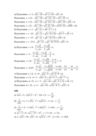 а) Подставим :2=x ;001025105 ==−⋅=−x
Подставим :2,2=x ;11011102,25105 =−=−⋅=−x
Подставим :2,5=x ;4161026102,55105 ==−=−⋅=−x
Подставим :22=x ;101001011010225105 ==−=−⋅=−x
б) Подставим :1=y ;212626 =⋅−=− y
Подставим :5,1−=y ;3936)5,1(2626 ==+=−−=− y
Подставим :15−=y ;636)15(2626 ==−−=− y
Подставим :5,37−=y ;981)5,37(2626 ==−−=− y
в) Подставим :0=x ;1
03
03
3
3
=
−
+
=
−
+
x
x
Подставим :1=x ;1
2
4
13
13
3
3
==
−
+
=
−
+
x
x
Подставим :16=x ;7
43
43
163
163
3
3
−=
−
+
=
−
+
=
−
+
x
x
Подставим :25,0=x ;
5
2
1
25
35
5,2
5,3
5,03
5,03
25,03
25,03
3
3
====
−
+
=
−
+
=
−
+
x
x
г) Подставим ,0=a :0=b ;00022 =−⋅=− ba
Подставим ,4=a :7=b ;1787422 =−=−⋅=− ba
д) Подставим ,0=m :1−=n ;24)1(404 ==−⋅−=− nm
Подставим ,33=m :1=n .52524334 ==⋅−=− nm
458.
а) ;35 =x ;3)5( 22
=x ;925 =x ;
25
9
=x
б) ;1
3
1
=
x
;31 x= ;)3(1 22
x= ;31 x= ;
3
1
=x
в) ;2
4
1
=
x
;81 x= ;)8(1 22
x= ;641 x= ;
64
1
=x
г) ;45 =−x ;4)5( 22
=−x ;165 =−x ;21=x
д) ;1021 =+ x ;92 =x ;9)2( 22
=x ;812 =x .5,40=x
www.5balls.ru
 