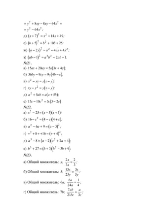 = + − − =y xy xy x2 2
8 8 64
= −y x2 2
64 ;
д) ( )x x x+ = + +7 14 49
2 2
;
е) ( )b b b+ = + +5 10 25
2 2
;
ж) ( )a x a ax x− = − +2 4 4
2 2 2
;
з) ( )ab a b ab− = − +1 2 1
2 2 2
.
№21.
а) ( )15 20 5 3 4ax ay a x y+ = + ;
б) ( )36 9 9 4by cy y b c− = − ;
в) ( )x xy x x y2
− = − ;
г) ( )xy y y x y− = −2
;
д) ( )a ab a a b2
5 5+ = + ;
е) ( )15 10 5 3 22
c c c c− = −
№22.
а) ( )( )x x x2
25 5 5− = − + ;
б) ( )( )16 4 42
− = − +c c c ;
в) ( )a a a2 2
6 9 3− + = − ;
г) ( )÷ + ÷ + = ÷ +2 2
8 16 4 ;
д) ( )( )a a a a3 2
8 2 2 4− = − + + ;
е) ( )( )b b b b3 2
27 3 3 9+ = + − + .
№23.
а) Общий множитель: x
x
x
; ;
2
3
2
3
=
б) Общий множитель: 5
15
25
3
5
; ;
x
y
x
y
=
в) Общий множитель: 6
6
24
1
4
a
a
a
; ;=
г) Общий множитель: 7
7
21 3
b
ab
bc
a
c
; ;=
www.5balls.ru
 