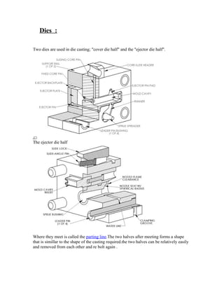Dies :
Two dies are used in die casting; "cover die half" and the "ejector die half".
The ejector die half
Where they meet is called the parting line.The two halves after meeting forms a shape
that is simillar to the shape of the casting required.the two halves can be relatively easily
and removed from each other and re bolt again .
 
