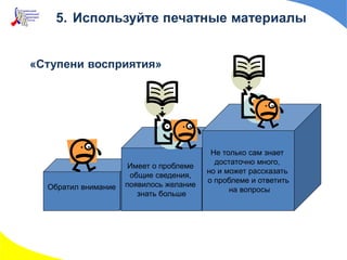 «Ступени восприятия»
Обратил внимание
Имеет о проблеме
общие сведения,
появилось желание
знать больше
Не только сам знает
достаточно много,
но и может рассказать
о проблеме и ответить
на вопросы
5. Используйте печатные материалы
 