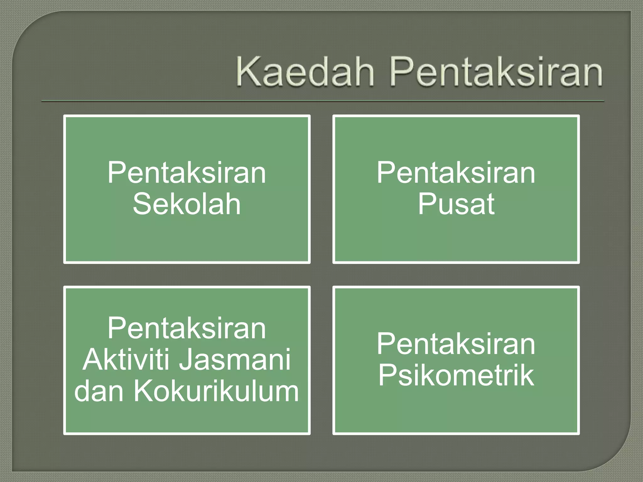 Pentaksiran
Sekolah
Pentaksiran
Pusat
Pentaksiran
Aktiviti Jasmani
dan Kokurikulum
Pentaksiran
Psikometrik
 