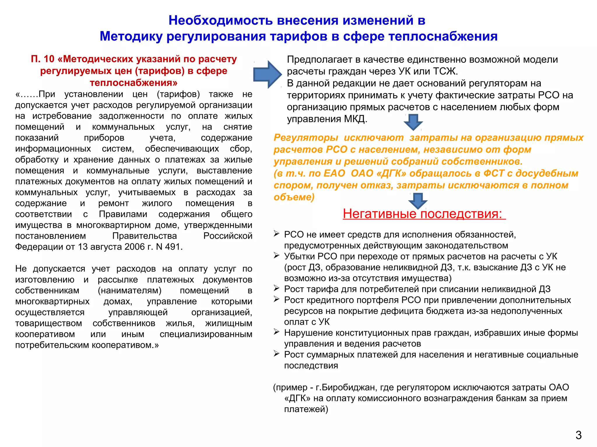Необходимость внесения изменений в
Методику регулирования тарифов в сфере теплоснабжения
П. 10 «Методических указаний по расчету
регулируемых цен (тарифов) в сфере
теплоснабжения»
«……При установлении цен (тарифов) также не
допускается учет расходов регулируемой организации
на истребование задолженности по оплате жилых
помещений и коммунальных услуг, на снятие
показаний приборов учета, содержание
информационных систем, обеспечивающих сбор,
обработку и хранение данных о платежах за жилые
помещения и коммунальные услуги, выставление
платежных документов на оплату жилых помещений и
коммунальных услуг, учитываемых в расходах за
содержание и ремонт жилого помещения в
соответствии с Правилами содержания общего
имущества в многоквартирном доме, утвержденными
постановлением Правительства Российской
Федерации от 13 августа 2006 г. N 491.
Не допускается учет расходов на оплату услуг по
изготовлению и рассылке платежных документов
собственникам (нанимателям) помещений в
многоквартирных домах, управление которыми
осуществляется управляющей организацией,
товариществом собственников жилья, жилищным
кооперативом или иным специализированным
потребительским кооперативом.»
3
Предполагает в качестве единственно возможной модели
расчеты граждан через УК или ТСЖ.
В данной редакции не дает оснований регуляторам на
территориях принимать к учету фактические затраты РСО на
организацию прямых расчетов с населением любых форм
управления МКД.
Регуляторы исключают затраты на организацию прямых
расчетов РСО с населением, независимо от форм
управления и решений собраний собственников.
(в т.ч. по ЕАО ОАО «ДГК» обращалось в ФСТ с досудебным
спором, получен отказ, затраты исключаются в полном
объеме)
 РСО не имеет средств для исполнения обязанностей,
предусмотренных действующим законодательством
 Убытки РСО при переходе от прямых расчетов на расчеты с УК
(рост ДЗ, образование неликвидной ДЗ, т.к. взыскание ДЗ с УК не
возможно из-за отсутствия имущества)
 Рост тарифа для потребителей при списании неликвидной ДЗ
 Рост кредитного портфеля РСО при привлечении дополнительных
ресурсов на покрытие дефицита бюджета из-за недополученных
оплат с УК
 Нарушение конституционных прав граждан, избравших иные формы
управления и ведения расчетов
 Рост суммарных платежей для населения и негативные социальные
последствия
(пример - г.Биробиджан, где регулятором исключаются затраты ОАО
«ДГК» на оплату комиссионного вознаграждения банкам за прием
платежей)
Негативные последствия:
 