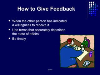 Arsalan
How to Give Feedback
 When the other person has indicated
a willingness to receive it
 Use terms that accurately describes
the state of affairs
 Be timely
 