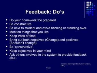 Arsalan
Feedback: Do’s
 Do your homework/ be prepared
 Be constructive
 Sit next to student and avoid backing or standing over.
 Mention things that you like
 Keep track of time
 Bring out both negatives (Change) and positives
(Shouldn’t change)
 Be ‘constructive’
 Keep objectives in your mind
 Ask others involved in the system to provide feedback
also
Education planning and evaluation handout.
CPSP,.
 