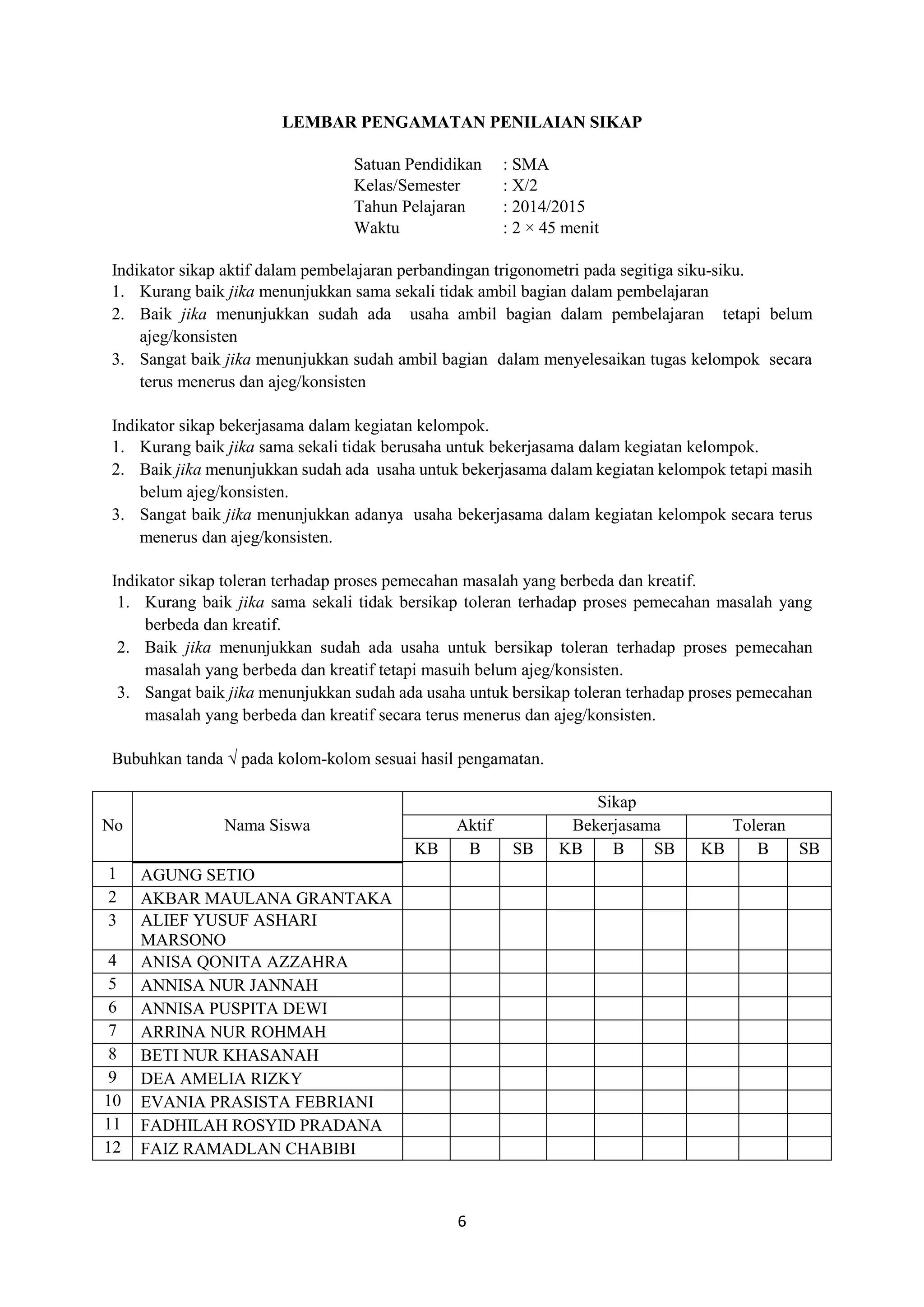6
LEMBAR PENGAMATAN PENILAIAN SIKAP
Satuan Pendidikan : SMA
Kelas/Semester : X/2
Tahun Pelajaran : 2014/2015
Waktu : 2 × 45 menit
Indikator sikap aktif dalam pembelajaran perbandingan trigonometri pada segitiga siku-siku.
1. Kurang baik jika menunjukkan sama sekali tidak ambil bagian dalam pembelajaran
2. Baik jika menunjukkan sudah ada usaha ambil bagian dalam pembelajaran tetapi belum
ajeg/konsisten
3. Sangat baik jika menunjukkan sudah ambil bagian dalam menyelesaikan tugas kelompok secara
terus menerus dan ajeg/konsisten
Indikator sikap bekerjasama dalam kegiatan kelompok.
1. Kurang baik jika sama sekali tidak berusaha untuk bekerjasama dalam kegiatan kelompok.
2. Baik jika menunjukkan sudah ada usaha untuk bekerjasama dalam kegiatan kelompok tetapi masih
belum ajeg/konsisten.
3. Sangat baik jika menunjukkan adanya usaha bekerjasama dalam kegiatan kelompok secara terus
menerus dan ajeg/konsisten.
Indikator sikap toleran terhadap proses pemecahan masalah yang berbeda dan kreatif.
1. Kurang baik jika sama sekali tidak bersikap toleran terhadap proses pemecahan masalah yang
berbeda dan kreatif.
2. Baik jika menunjukkan sudah ada usaha untuk bersikap toleran terhadap proses pemecahan
masalah yang berbeda dan kreatif tetapi masuih belum ajeg/konsisten.
3. Sangat baik jika menunjukkan sudah ada usaha untuk bersikap toleran terhadap proses pemecahan
masalah yang berbeda dan kreatif secara terus menerus dan ajeg/konsisten.
Bubuhkan tanda √ pada kolom-kolom sesuai hasil pengamatan.
No Nama Siswa
Sikap
Aktif Bekerjasama Toleran
KB B SB KB B SB KB B SB
1 AGUNG SETIO
2 AKBAR MAULANA GRANTAKA
3 ALIEF YUSUF ASHARI
MARSONO
4 ANISA QONITA AZZAHRA
5 ANNISA NUR JANNAH
6 ANNISA PUSPITA DEWI
7 ARRINA NUR ROHMAH
8 BETI NUR KHASANAH
9 DEA AMELIA RIZKY
10 EVANIA PRASISTA FEBRIANI
11 FADHILAH ROSYID PRADANA
12 FAIZ RAMADLAN CHABIBI
 