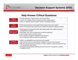 Help Answer Critical Questions
Strategy
Development
Capital
Allocation
Revenue Cycle
Management
In what services do I make money? Lose money? Why?
How do my hospitals services compare across the health system?
How can I optimize service location? Should I consolidate services?
What is my profitability across service lines by hospital?
Where should I focus my cost reduction initiatives? How do I track success?
Why are costs for X service increasing, is it labor, supplies or physician practices? How
can we decrease these costs?
Are patient care processes following protocols? Why not? Is it physician or patient
complexity driven?
What impact to my bottom line will a rate change create? Can I afford to sign this
managed care contract?
What types, how much and where are my denials originating?
Are my payors paying correctly? Timely?
Can I compare my payors profitability and score them?
Am I charging for all the services I am performing?
Operations
Improvement
What services should I invest capital? What financial return can I expect?
What incremental ancillary capacity will be affected by additional capital purchases?
Decision Support Systems (DSS)
 