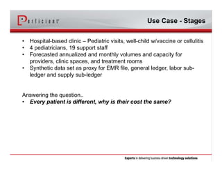Use Case - Stages
• Hospital-based clinic – Pediatric visits, well-child w/vaccine or cellulitis
• 4 pediatricians, 19 support staff
• Forecasted annualized and monthly volumes and capacity for
providers, clinic spaces, and treatment rooms
• Synthetic data set as proxy for EMR file, general ledger, labor sub-
ledger and supply sub-ledger
Answering the question..
• Every patient is different, why is their cost the same?
 