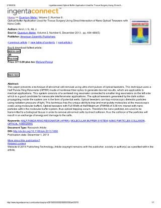 Optical Buffer Application Used for Tissue Surgery Using Direct Interaction of Nano Optical Tweezers with Nano Cells