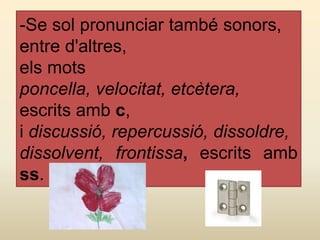 -Se sol pronunciar també sonors,
entre d'altres,
els mots
poncella, velocitat, etcètera,
escrits amb c,
i discussió, repercussió, dissoldre,
dissolvent, frontissa, escrits amb
ss.
 