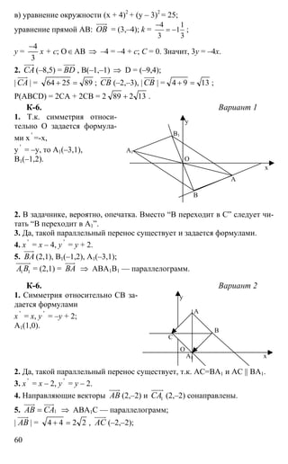 60
в) уравнение окружности (х + 4)2
+ (y – 3)2
= 25;
уравнение прямой АВ: ОВ
uuur
= (3,–4); k =
4 1
1
3 3
−
= − ;
y =
3
4−
x + c; O∈АВ ⇒ –4 = –4 + с; С = 0. Значит, 3y = –4x.
2. СА
uuur
(–8,5) = ВD
uuur
, В(–1,–1) ⇒ D = (–9,4);
| СА
uuur
| = 892564 =+ ; СВ
uuur
(–2,–3), | СВ
uuur
| = 1394 =+ ;
Р(ABCD) = 2СА + 2СВ = 2 13289 + .
К-6. Вариант 1
1. Т.к. симметрия относи-
тельно О задается формула-
ми х '
=-х,
y '
= –y, то А1(–3,1),
В1(–1,2).
2. В задачнике, вероятно, опечатка. Вместо “В переходит в С” следует чи-
тать “В переходит в А1”.
3. Да, такой параллельный перенос существует и задается формулами.
4. х '
= х – 4, y '
= y + 2.
5. ВА
uuur
(2,1), В1(–1,2), А1(–3,1);
1 1А В
uuuur
= (2,1) = ВА
uuur
⇒ АВА1В1 — параллелограмм.
К-6. Вариант 2
1. Симметрия относительно СВ за-
дается формулами
х '
= х, y '
= –y + 2;
А1(1,0).
2. Да, такой параллельный перенос существует, т.к. АС=ВА1 и АС || ВА1.
3. х '
= х – 2, y '
= y – 2.
4. Направляющие векторы АВ
uuur
(2,–2) и 1СА
uuur
(2,–2) сонаправлены.
5. 1АВ СА=
uuur uuur
⇒ АВА1С — параллелограмм;
| АВ
uuur
| = 2244 =+ , АС
uuur
(–2,–2);
А
В
О
А1
В1
х
y
А
В
С
О
А1 х
y
 