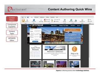 Content Authoring Quick Wins 
Context 
Ribbon 
Component 
Capability 
Content 
Types 
WYSIWYG 
Editor 
 